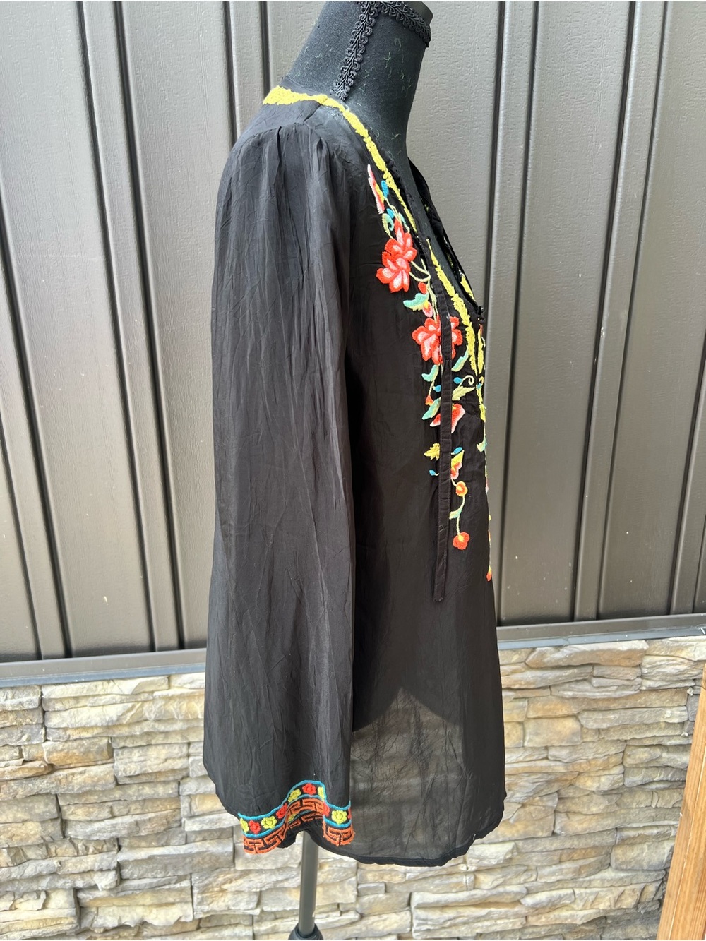 Johnny Was Black Embroidered Boho Tunic with Yellow Trim - Picture 4 of 7